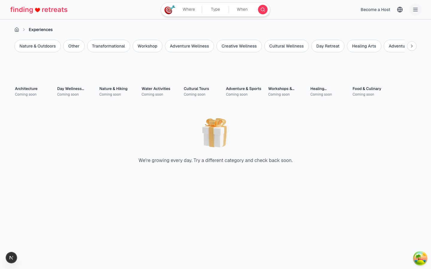 The experiences listing page