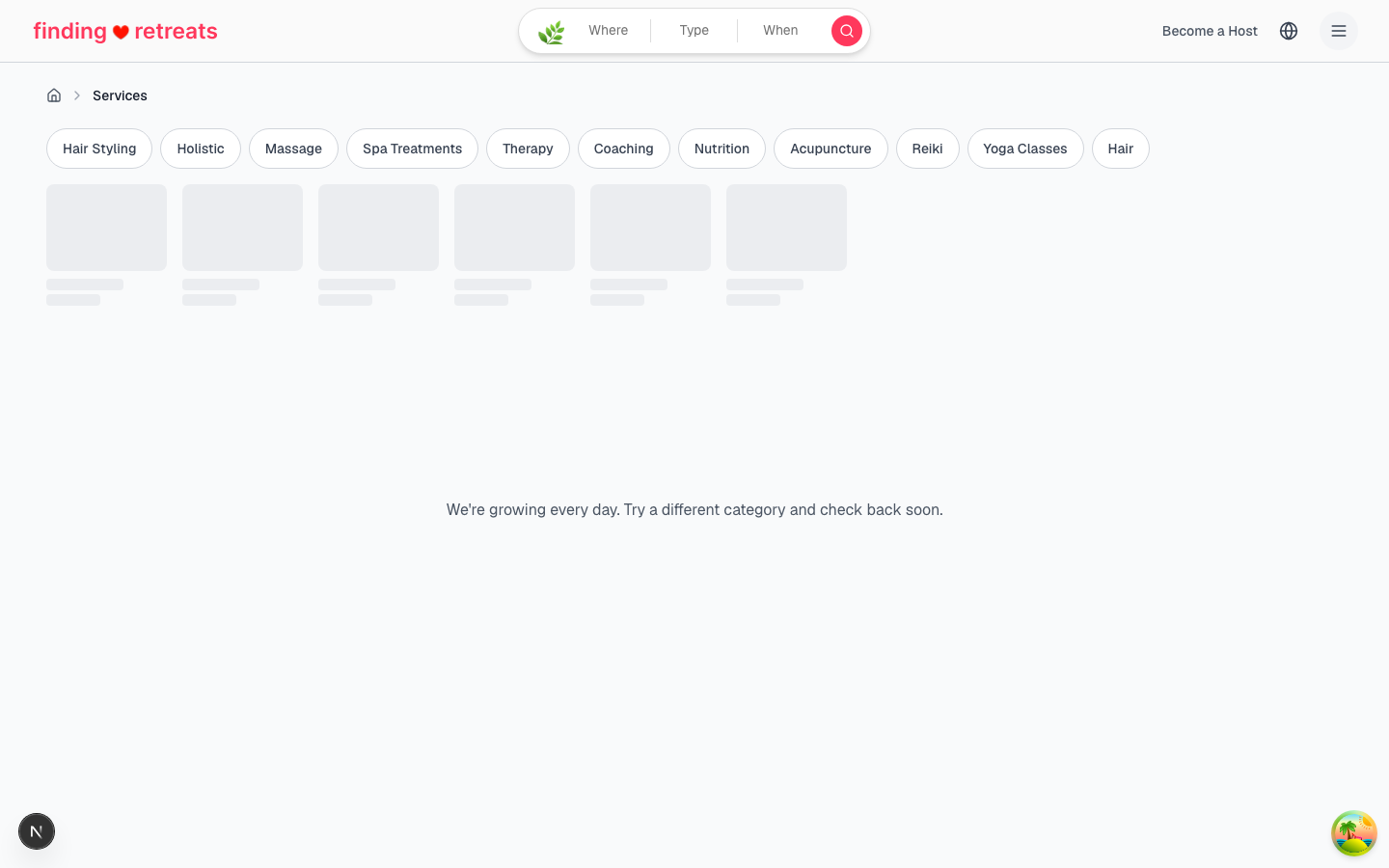 The wellness services listing page