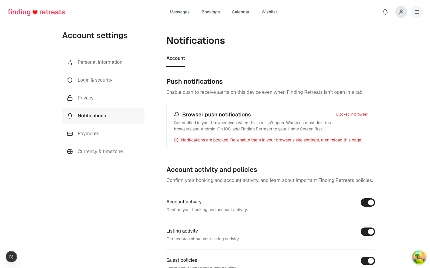 The notification preferences settings page