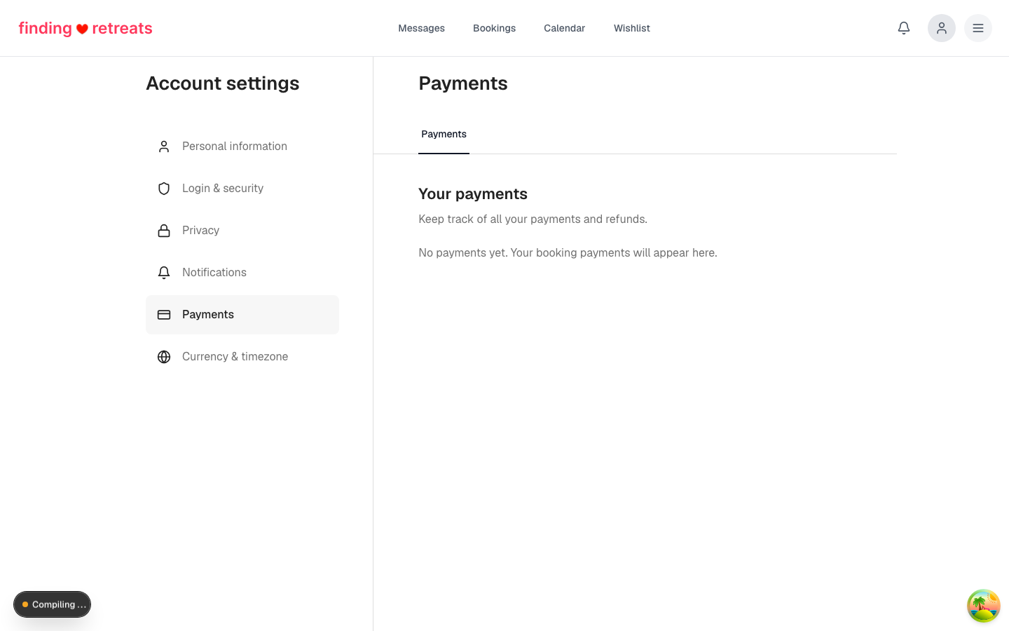 The payments settings page showing saved payment methods