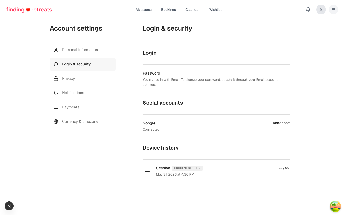 The login and security settings page