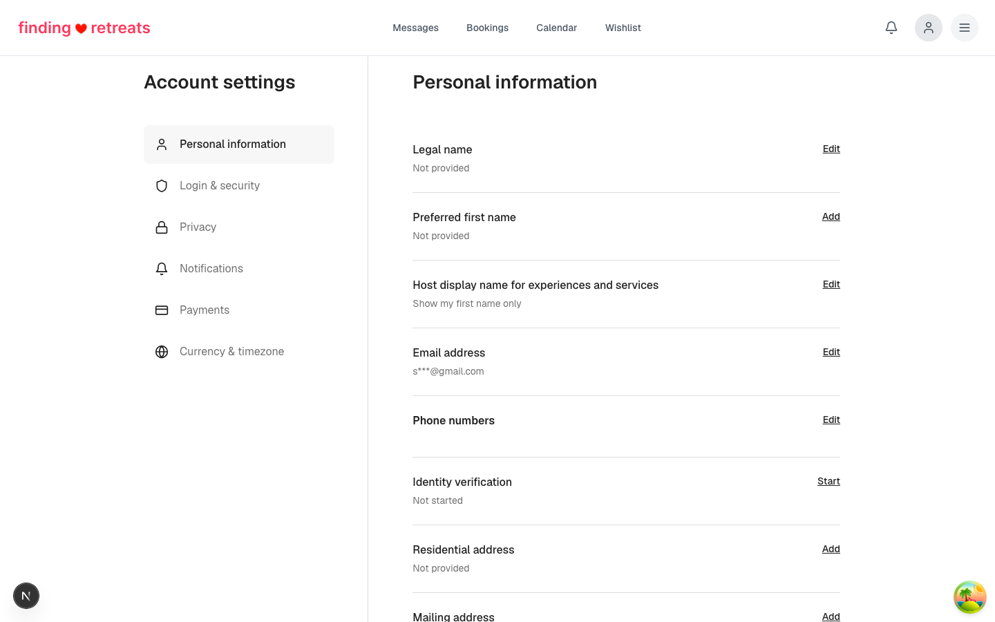 The personal information settings page