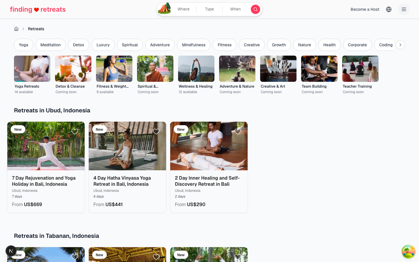The retreats search page with filter options