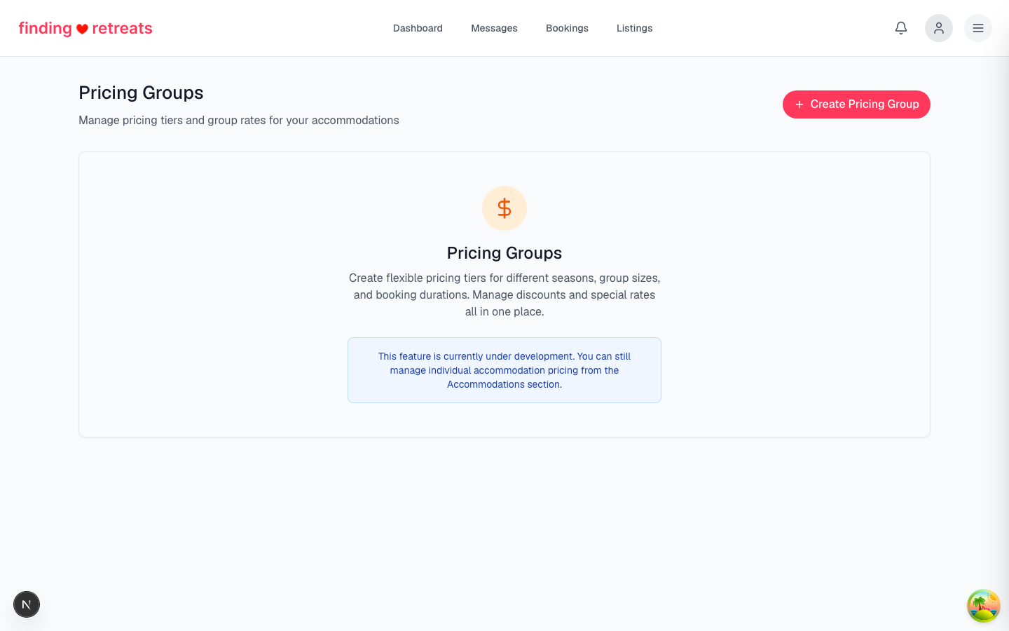 The pricing groups page