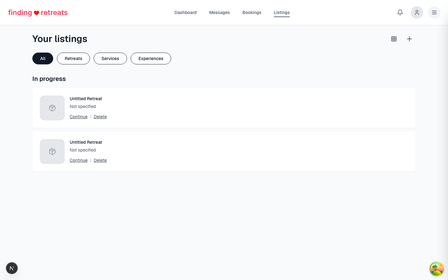 The listings page showing existing retreat listings and the create button
