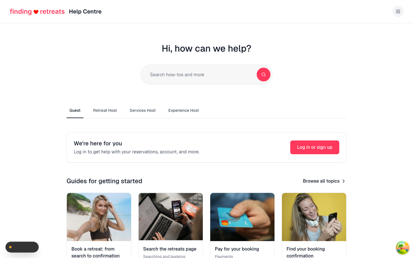 The Help Center home page with search bar