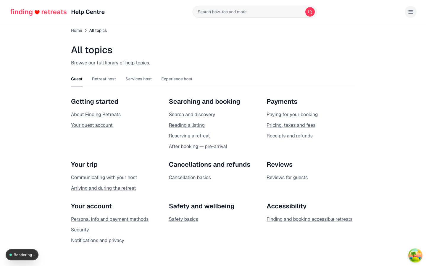 The All Topics page showing all help categories