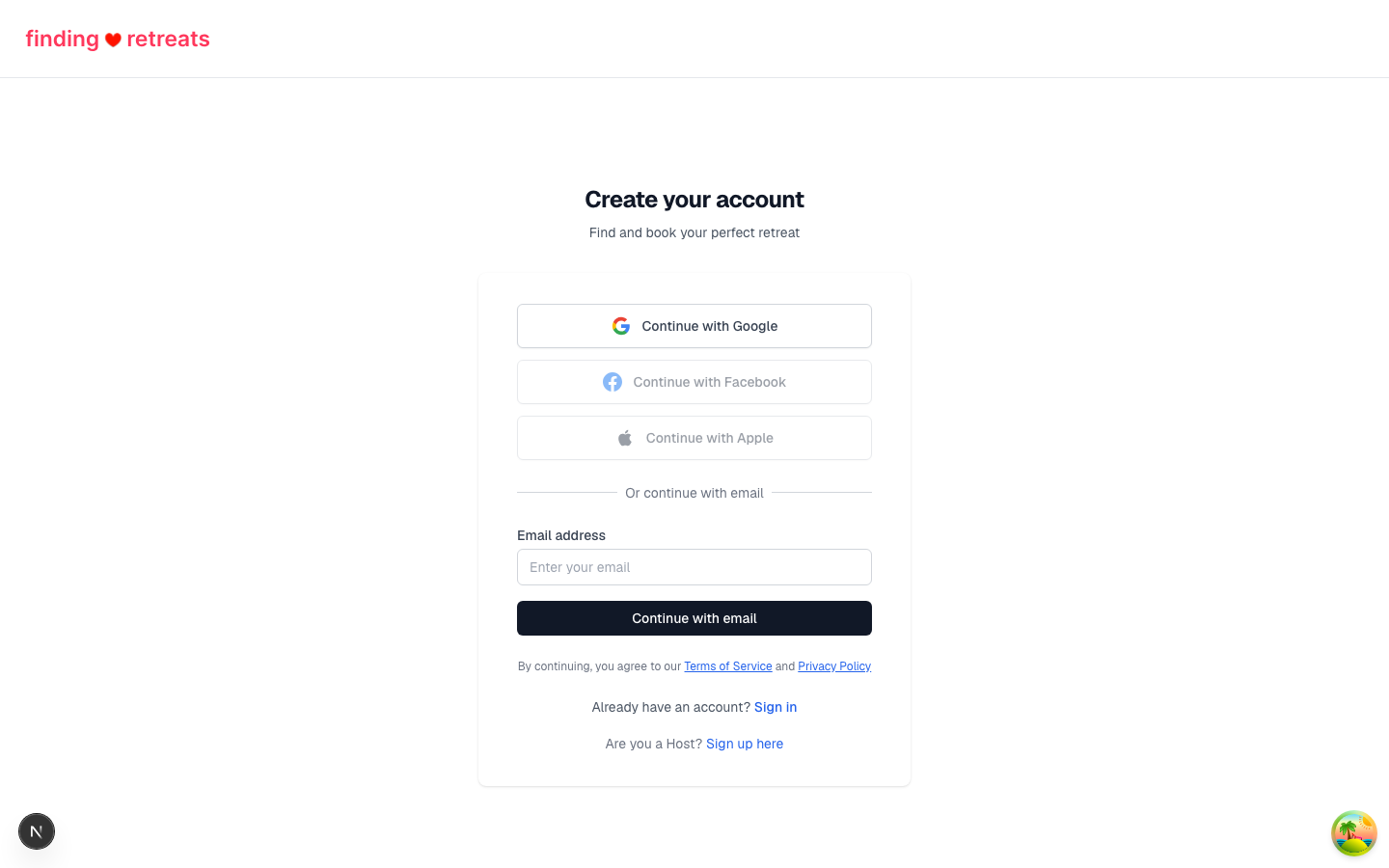 The guest sign-up page